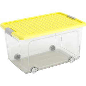 Gelbe Aufbewahrungsbox W L hoch mit Deckel und 4 Rollen. Transparenter Korpus.