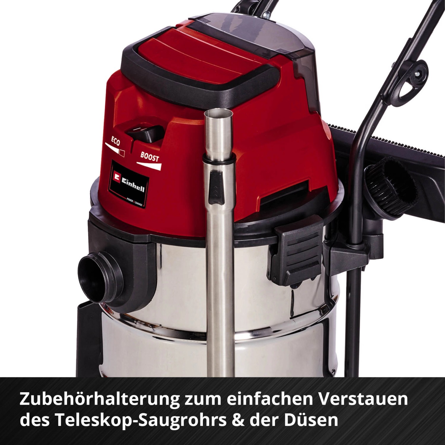 Einhell Akku-Nass-Trockensauger TE-VC 36/30 Li-Solo mit Edelstahlbehälter und Zubehörhalterung.