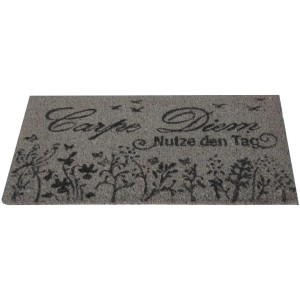 Graue Bestlivings Kokos Fußmatte 40x60 cm mit "Carpe Diem" Schriftzug und Blumenmuster.