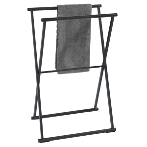 Schwarzer, klappbarer Wenko Handtuchständer Lava mit Handtuch. Ideal für Bad und Schlafzimmer.