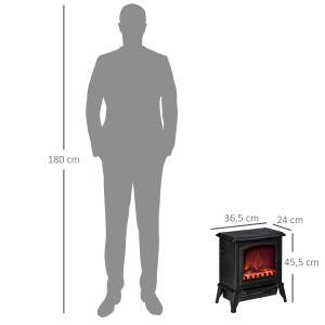 HOMCOM Elektrokamin mit LED-Flammeneffekt und Größenangaben im Vergleich zu einer Person.
