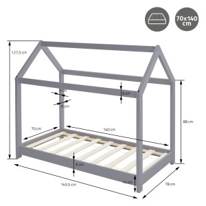 ML-Design Kinderbett 70x140 cm in Hellgrau mit Dach und Lattenrost, Maße.