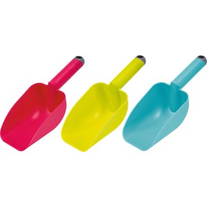 Handschaufel, 27 cm, in Blau, Gelb und Pink, aus Kunststoff für Gartenarbeiten.