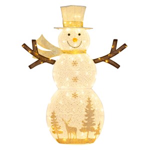 Beleuchteter LED Schneemann 141 cm mit Hut, Schal, Rentier- & Baum-Motiven für Außen-Weihnachtsdeko.