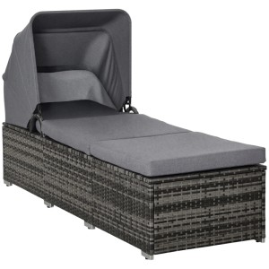Graue Outsunny Polyrattan Sonnenliege mit verstellbarem Sonnendach und bequemen Kissen für Garten.
