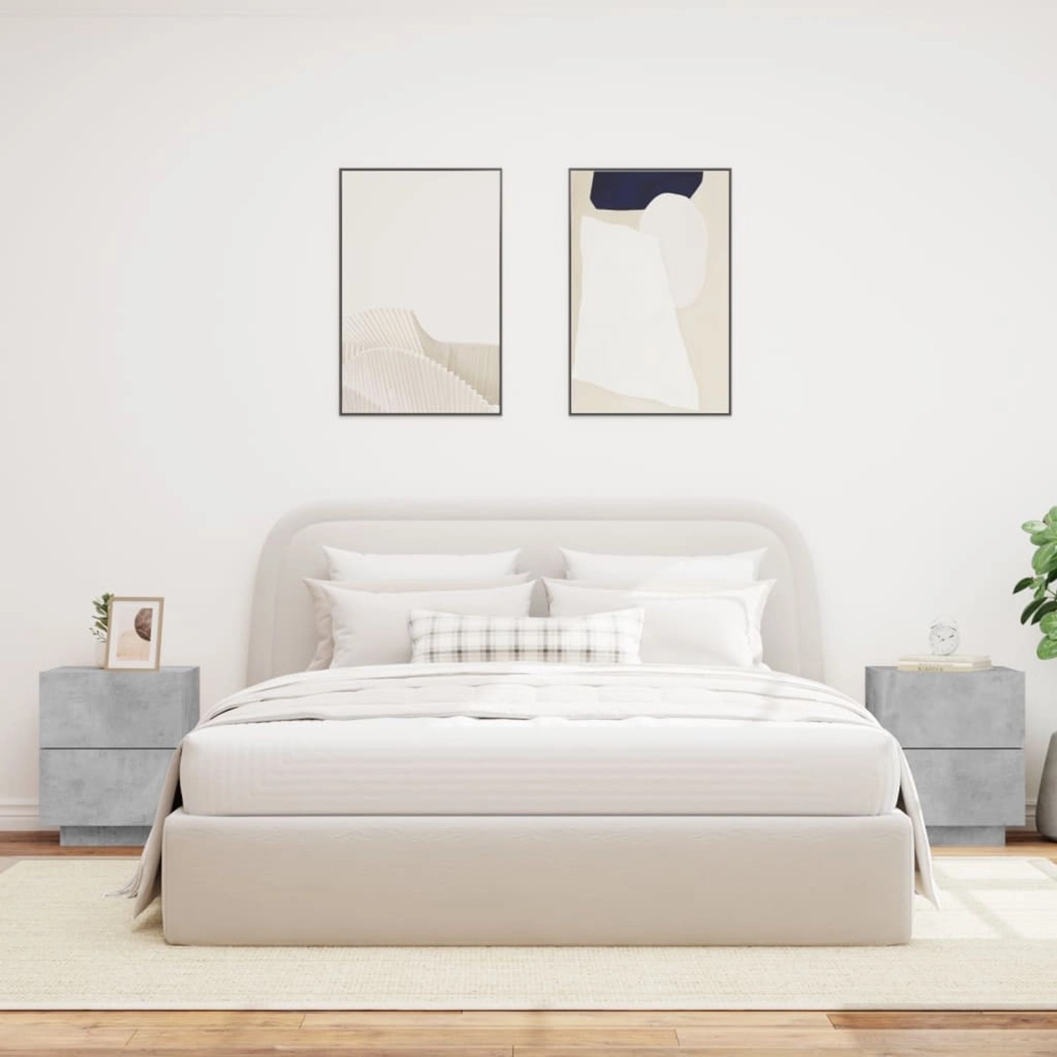 Zwei betongraue vidaXL Nachttische mit LED-Beleuchtung neben einem Bett.