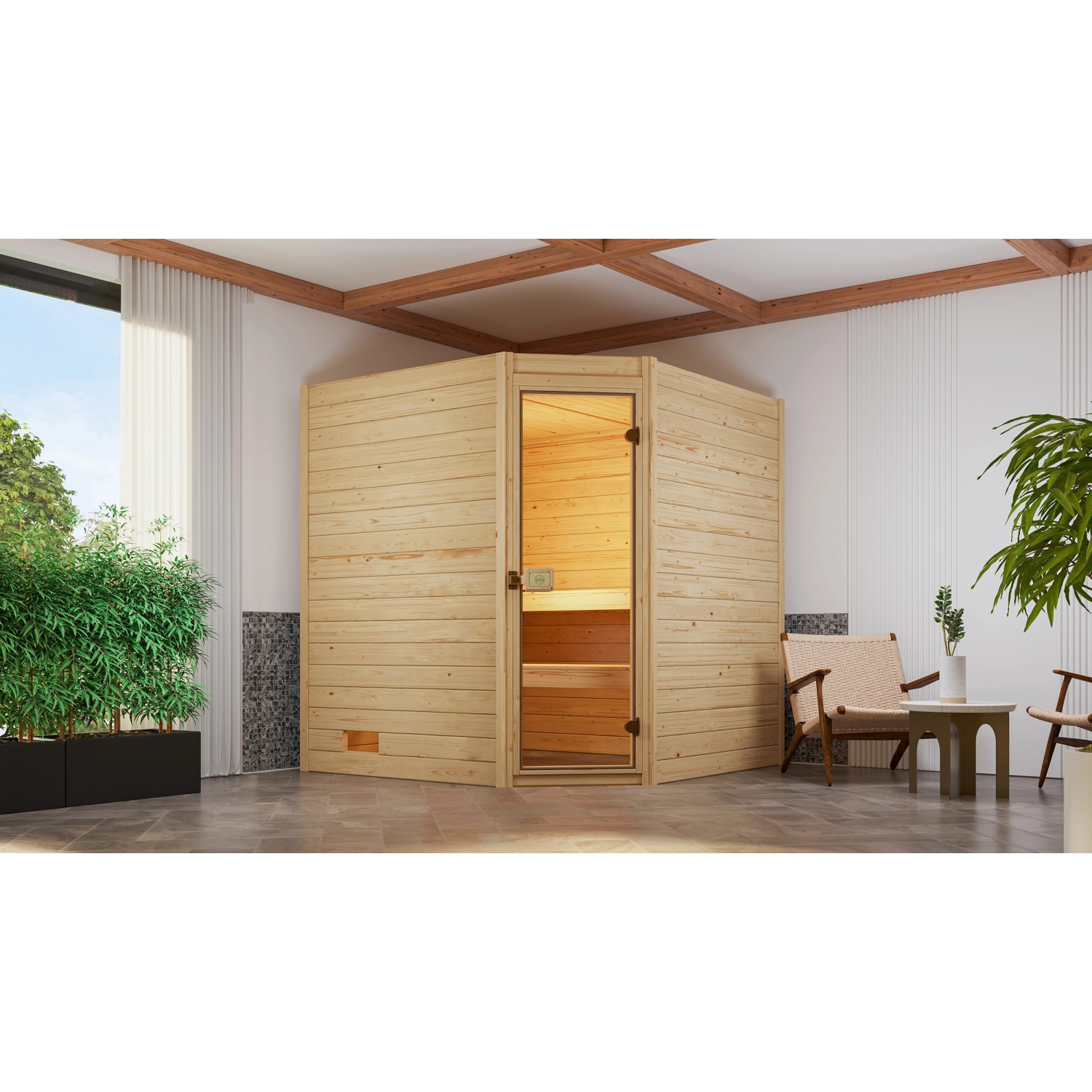 Weka Massivholzsauna Valida Eck 2 Sparset 7,5 kW BioS Glastür günstig online kaufen