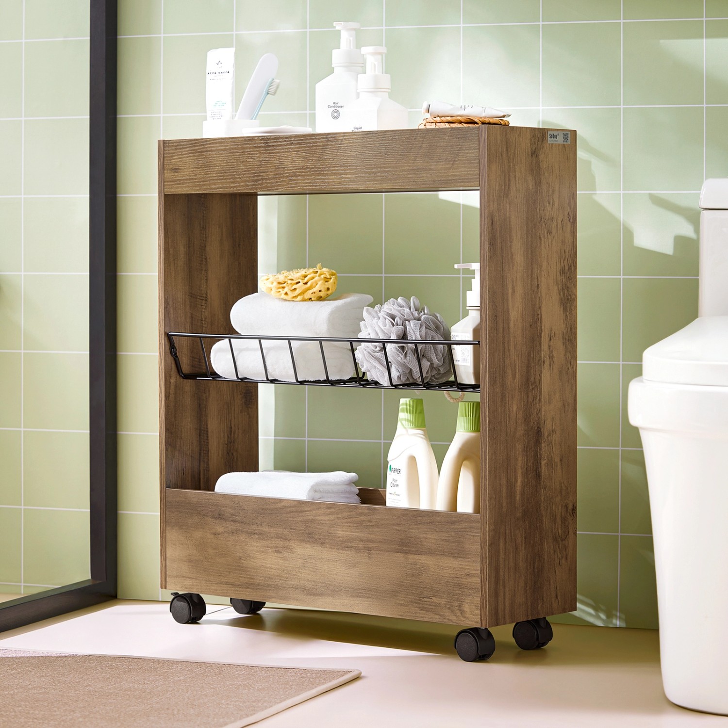 3-stöckiger Küchenwagen Aus Holz - Schmales Regal Mit Rollen 20x30x80cm