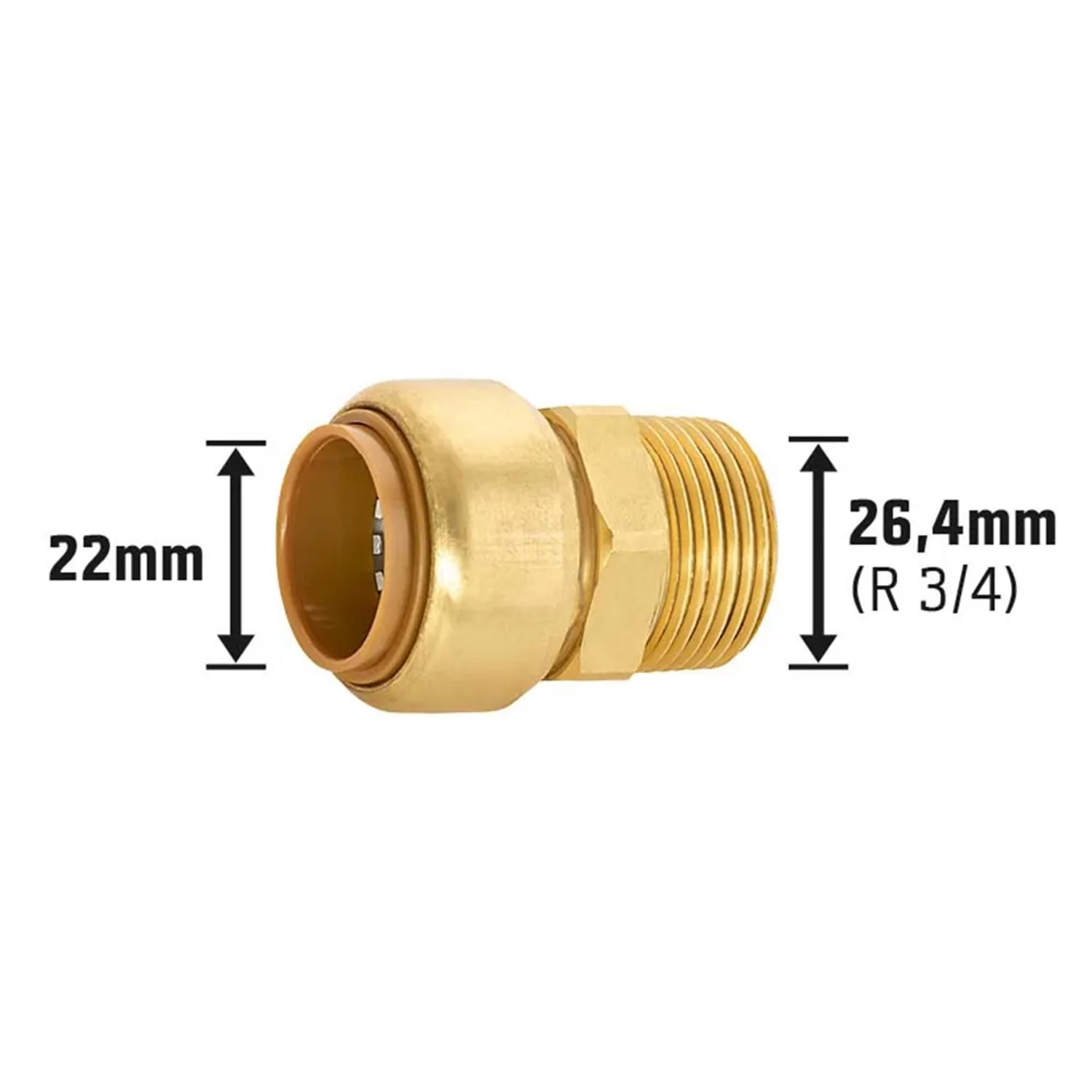 Stecknippel aus Messing, 22 mm x R 3/4 (26,4 mm) für Gewindefittings.