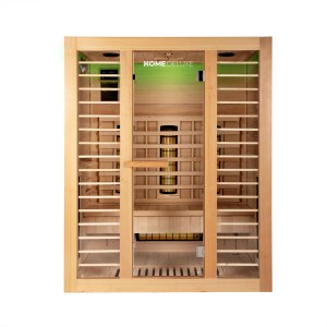 Redsun Deluxe Infrarotkabine L aus Tannenholz, naturbelassen, für 2-3 Personen mit Glasfront.