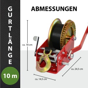TRUTZHOLM Gurtwinde mit Maßen: 10m Gurt, 1600kg Zugkraft, rot, Zubehör für Autoanhänger.