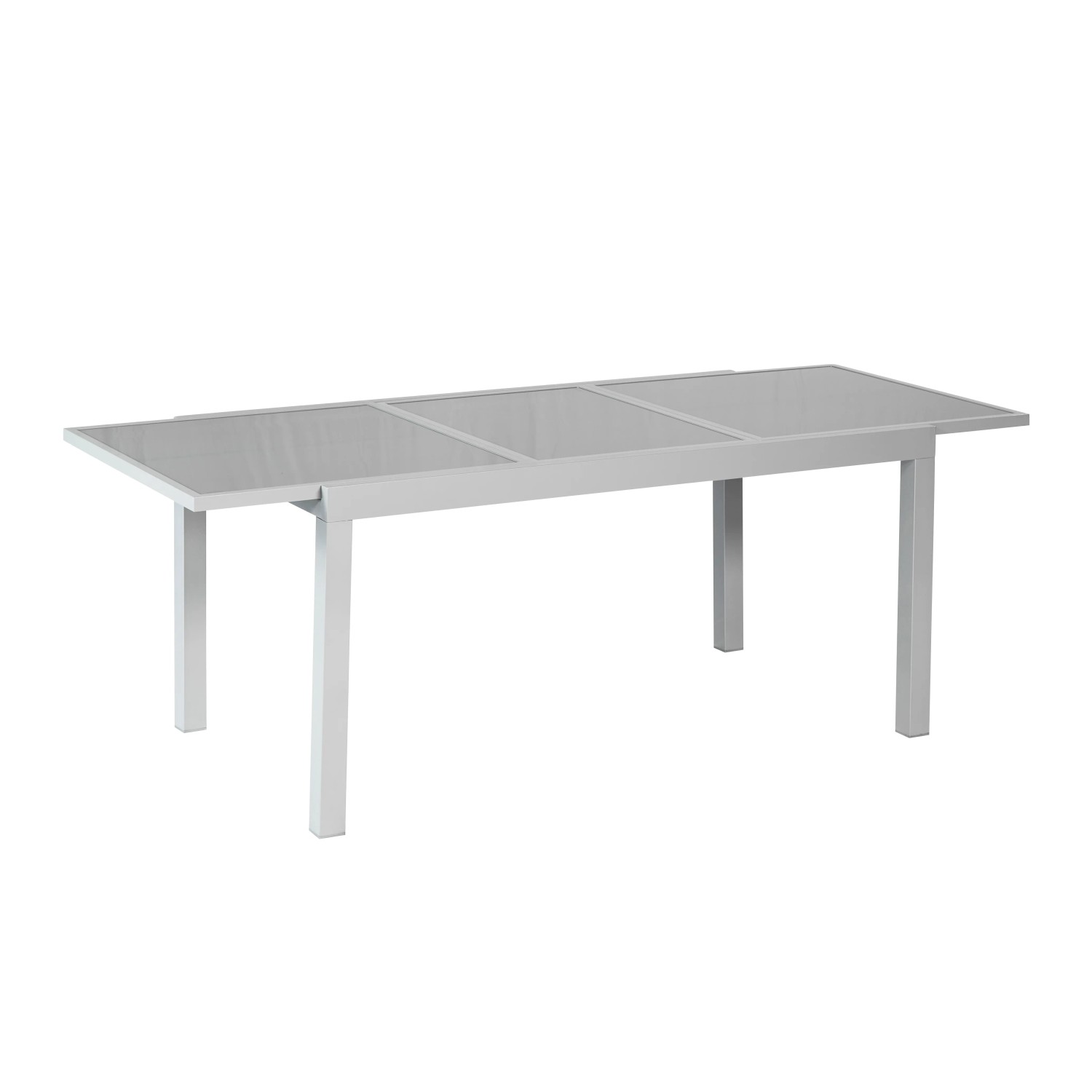 Ausziehtisch des Merxx Amalfi Gartenmöbel-Sets mit grauer Glasplatte und Aluminiumgestell.