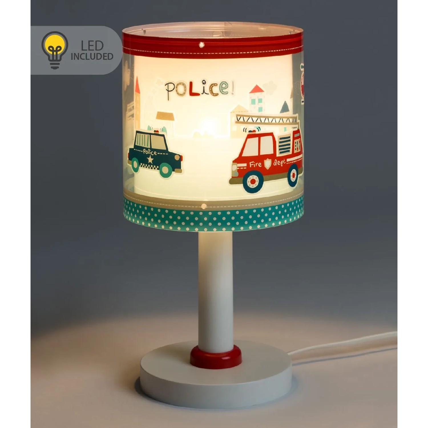 Dalber Tischlampe mit Polizei- und Feuerwehr-Motiv, LED Nachtlicht für Kinder.