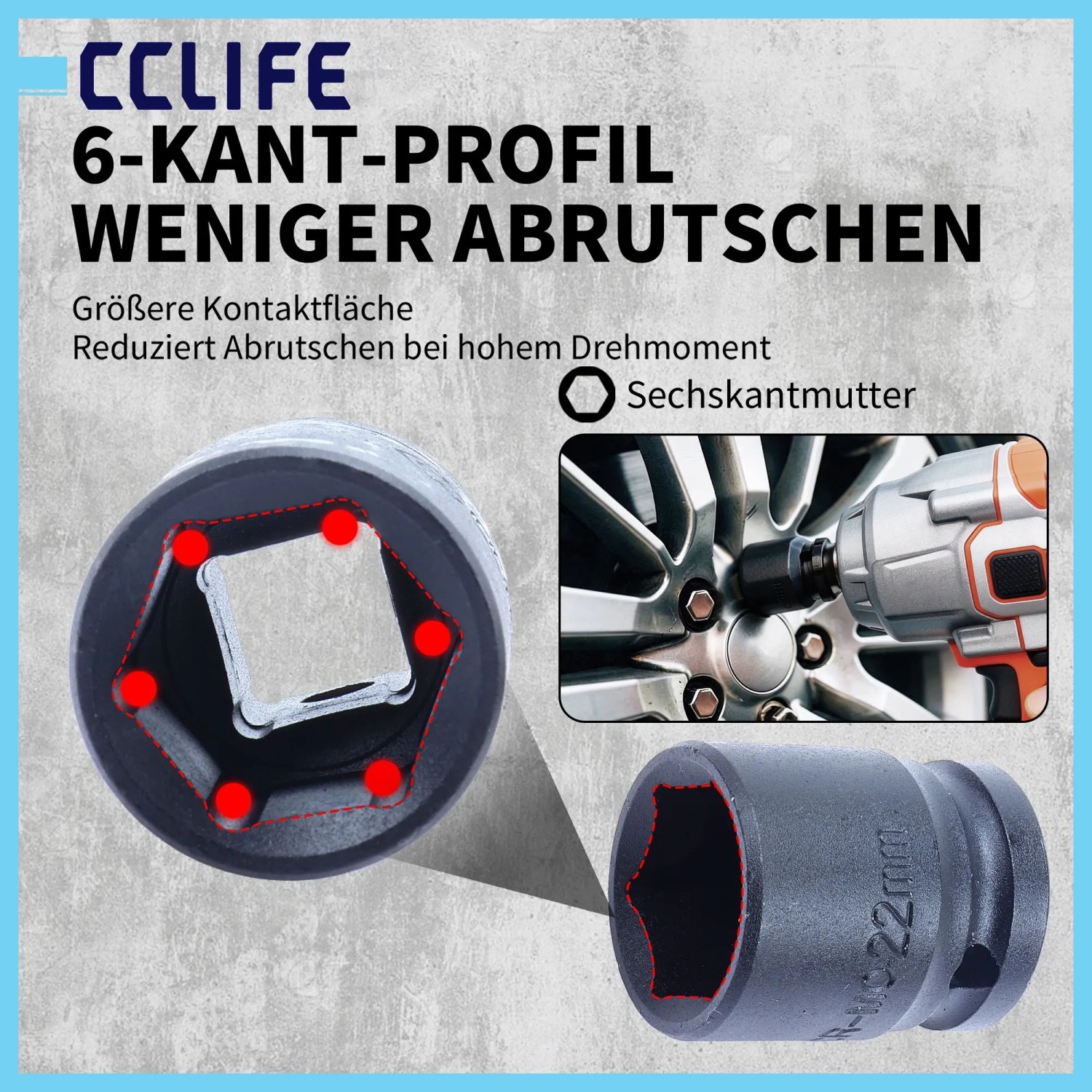 CCLIFE 1/2 Zoll Schlagschrauber-Stecknuss, 6-Kant-Profil für sicheren Halt an Radmuttern. Cr-Mo Stahl für Reifenwechsel.