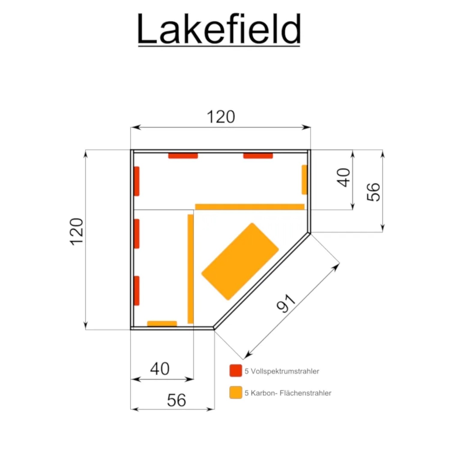 Skizze der Dewello Infrarotkabine Lakefield 2, 120x120cm, mit Maßen und Position der Strahler.