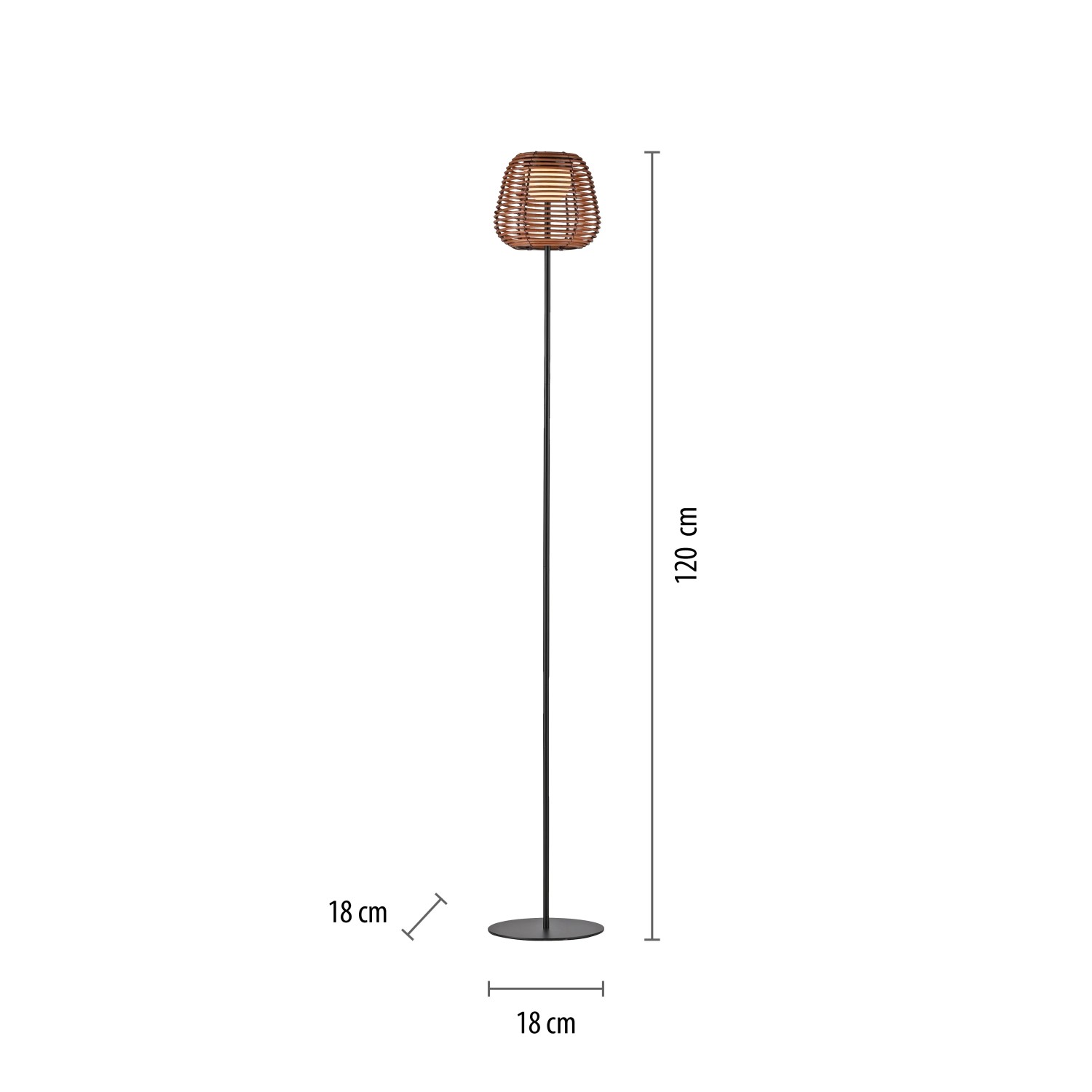 Schwarze LED-Akku-Stehleuchte Askia, 120 cm hoch, mit Rattan-Schirm für stimmungsvolle Beleuchtung.