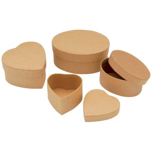 4-teiliges Mini-Boxen-Set aus Pappe (2x oval, 2x Herz) für Bastelarbeiten.