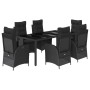 Schwarze 7-tlg. Garten-Essgruppe aus Polyrattan mit Tisch und verstellbaren Stühlen mit Kissen.