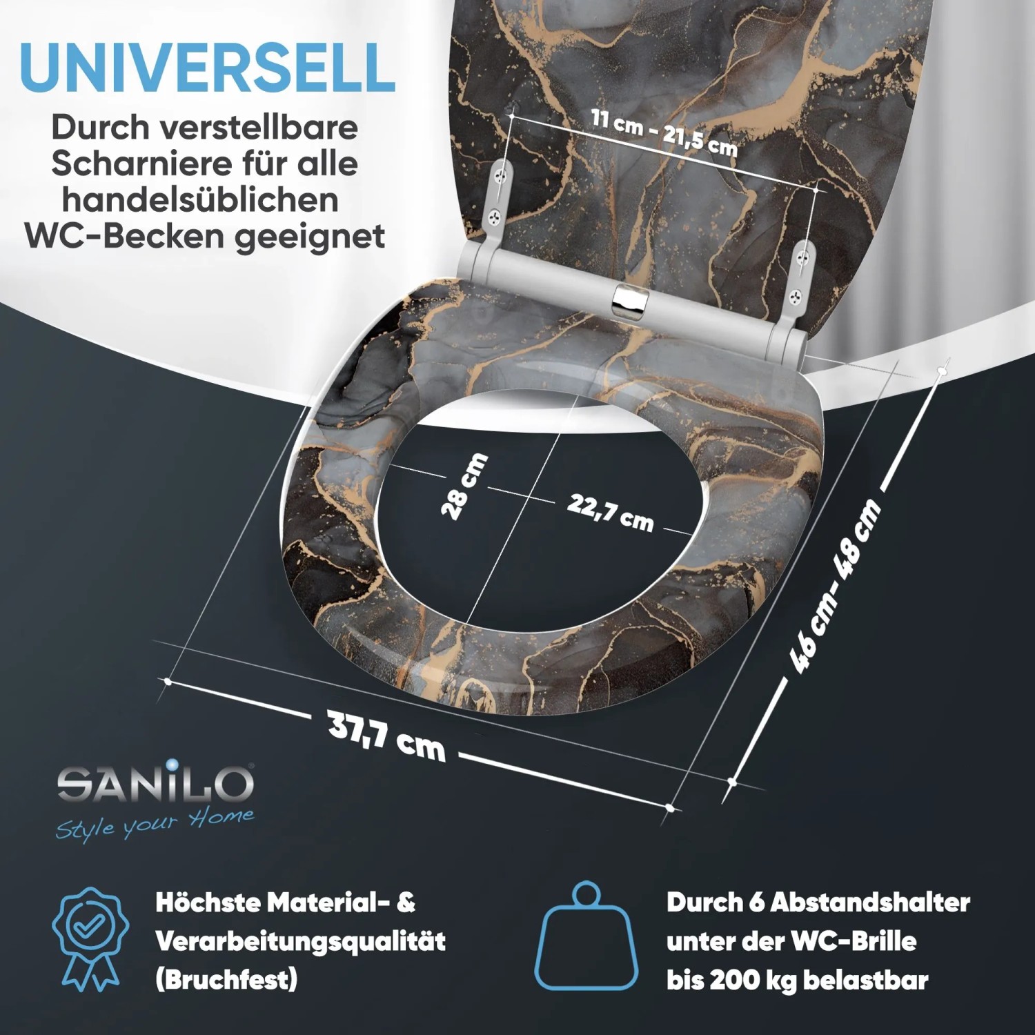Sanilo WC-Sitz Marmor Abstrakt mit Absenkautomatik, Toilettendeckel aus Holz.
