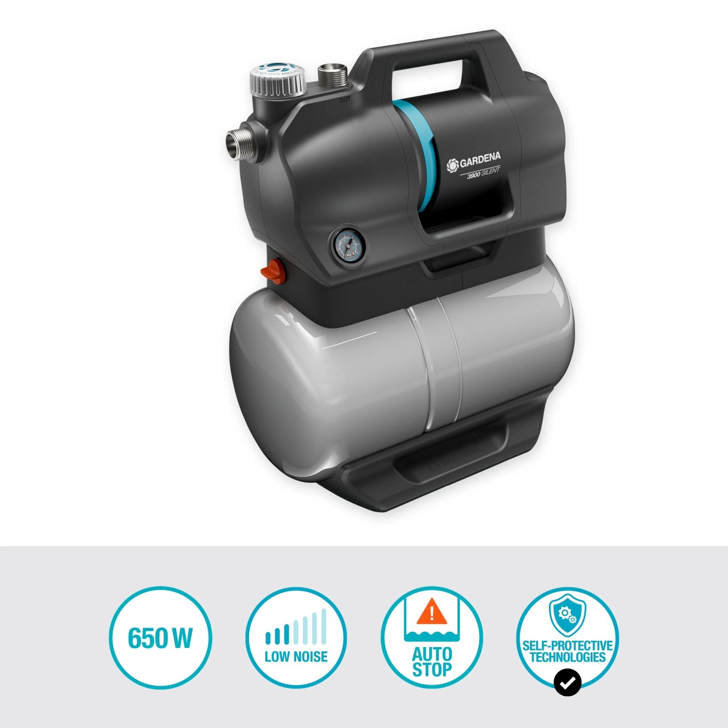 Gardena Hauswasserwerk 3900 Silent: Graue Gartenpumpe mit Tragegriff und silbernem Tank.