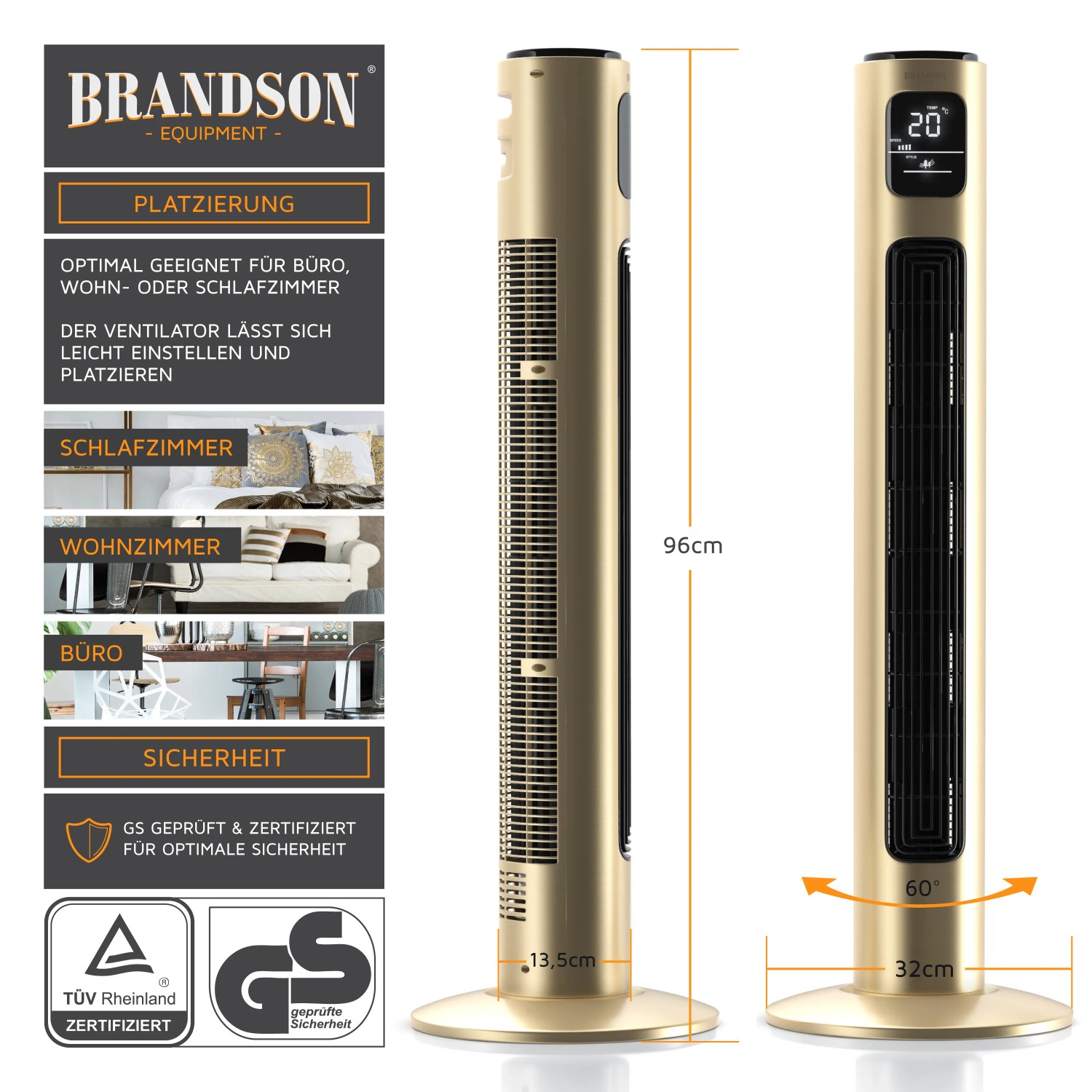 Brandson Turmventilator, 96cm, Champagnerfarben, mit Oszillation und digitaler Anzeige.