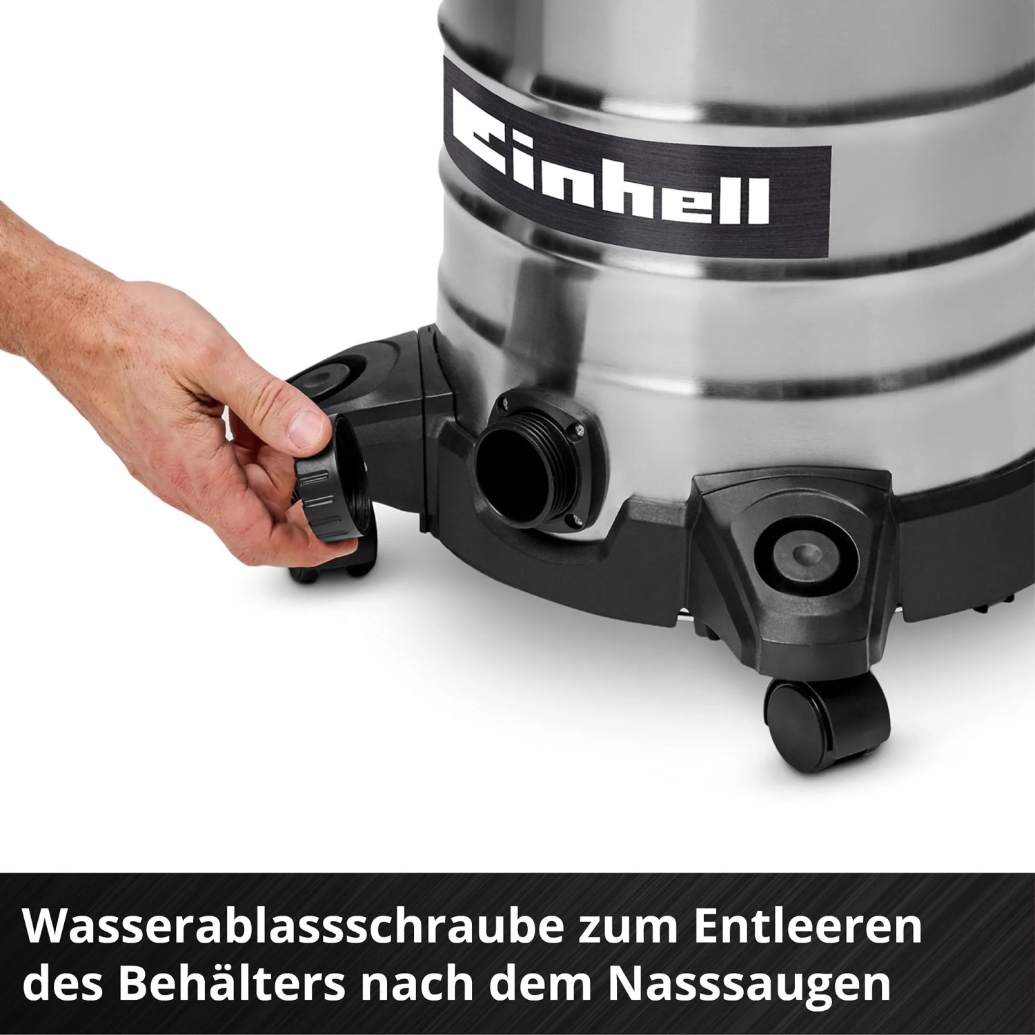 Einhell Nass-Trockensauger mit Edelstahlbehälter. Hand öffnet Wasserablassschraube zum Entleeren nach Nasssaugen.