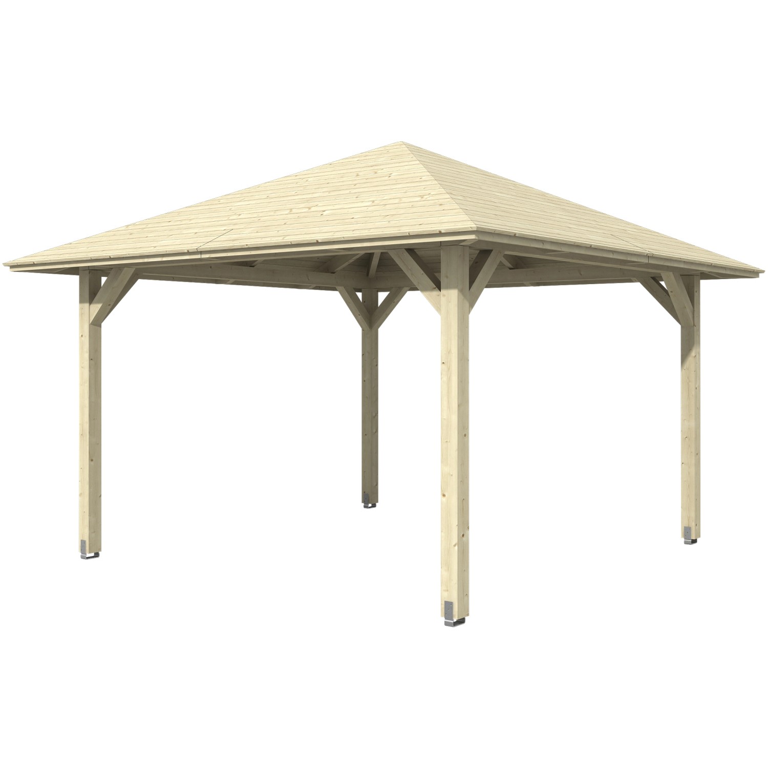 Unbehandelter Skan Holz Pavillon Cannes 2, 359x359 cm. Holz Gartenlaube mit robusten Pfosten und Dach.