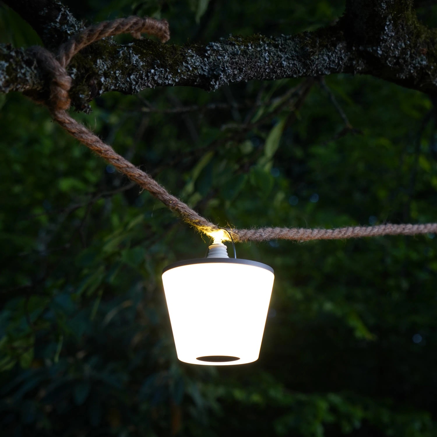 REV Ritter LED Flaschenleuchte Lamprusco, weiß-silber, hängend an einem Seil im Garten.