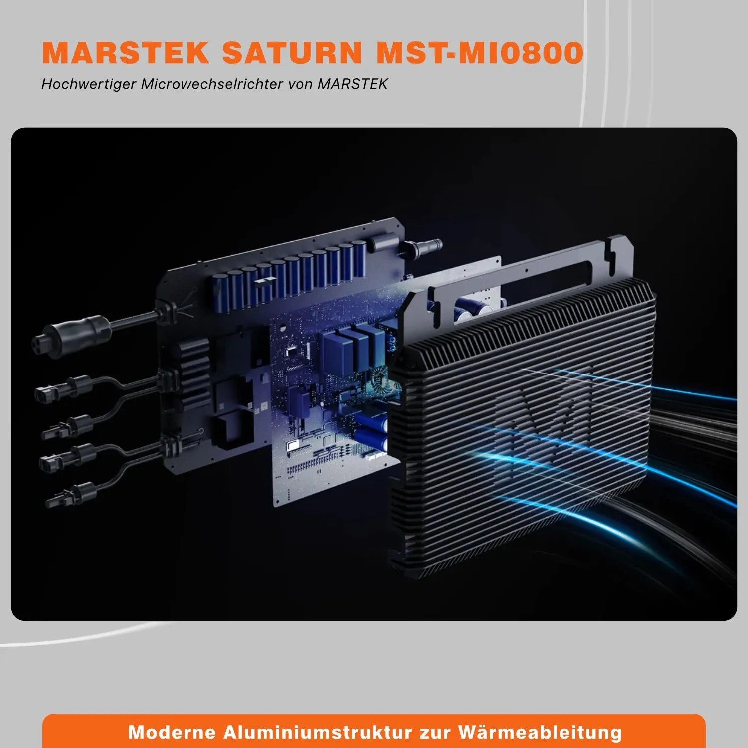 Marstek SATURN MST-MI0800 Micro-Wechselrichter mit offen gelegter Technik und 5 m Kabel.