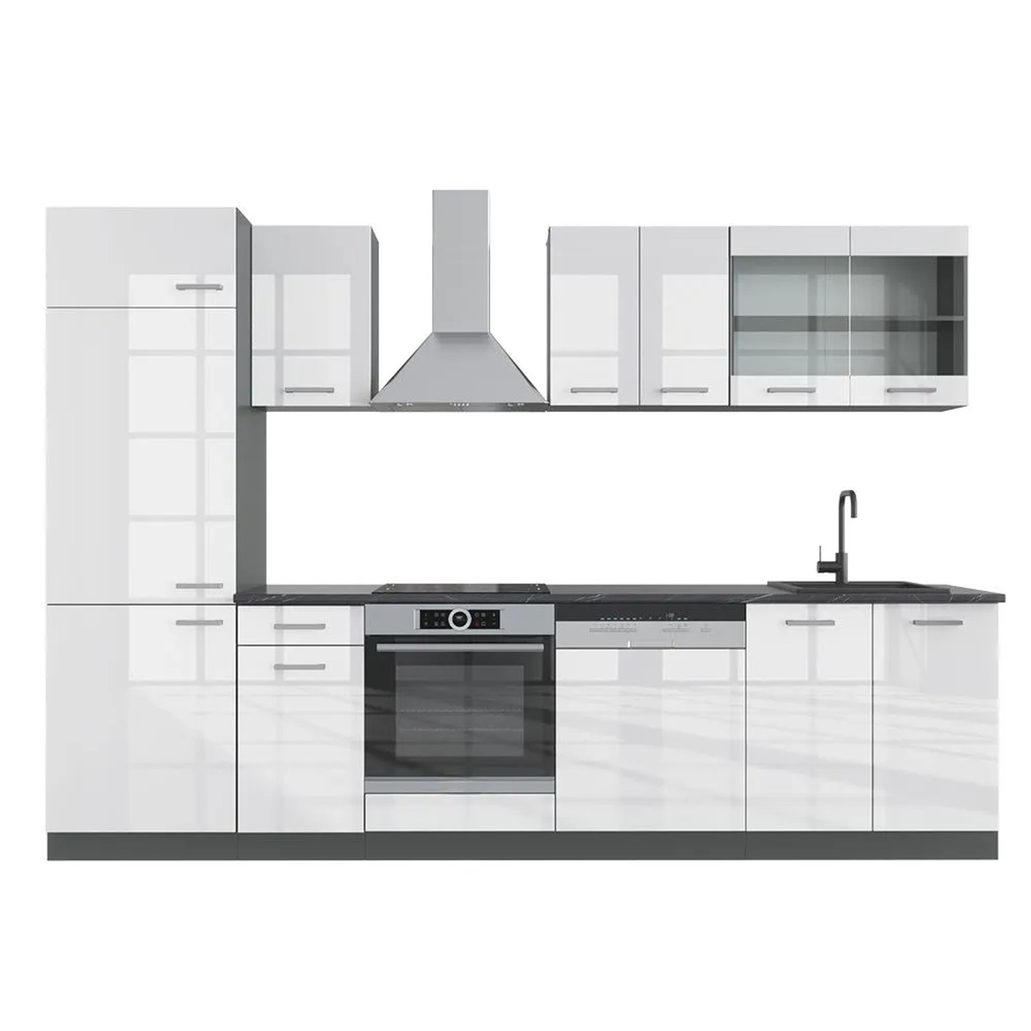 Vicco R-Line Küchenzeile Weiß Hochglanz Anthrazit 300 cm AP Anthrazit ohne E-Geräte