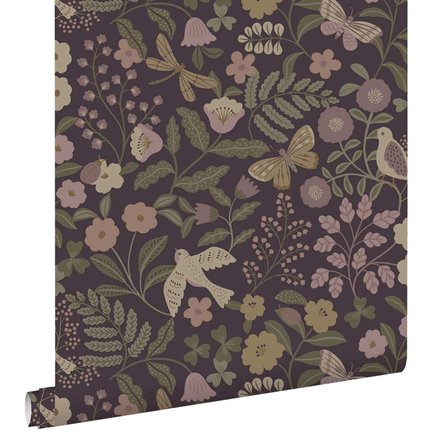 ESTAhome Tapete Blumen und Vögel Aubergineviolett Olivgrün und Violett 53 c günstig online kaufen