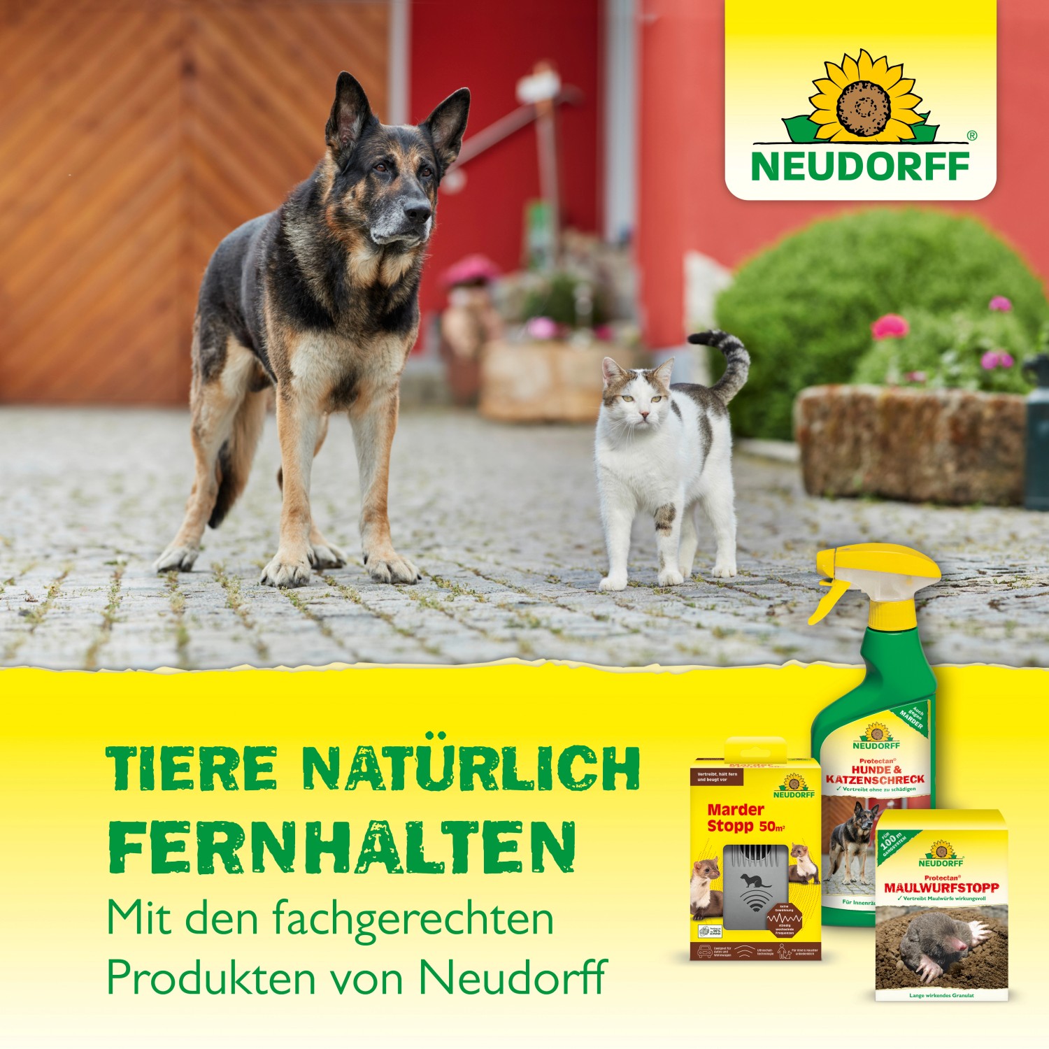 Neudorff Produkte zur Tierabwehr: Marder-Schreck, Hunde- und Katzenschreck, Maulwurfstopp. Mit Hund und Katze.