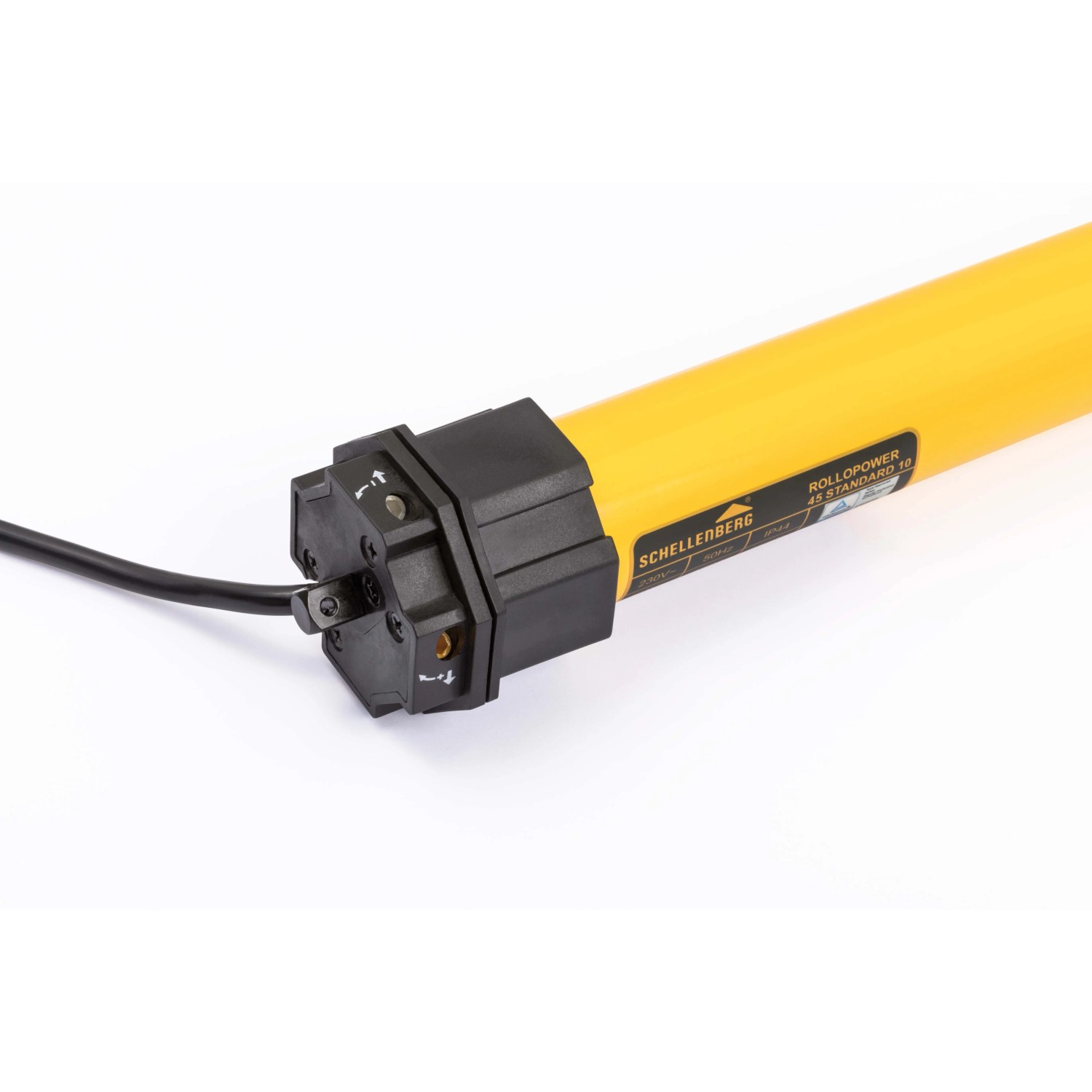 Schellenberg Rollladenmotor Standard Maxi 10 Nm, gelb, mit schwarzem Anschlussstück und Kabel.