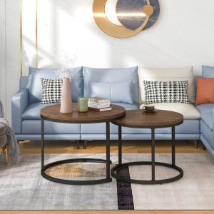 ModernLuxe 2er Set Satztische Rund Beistelltische MDF Nussbaum Schwarz