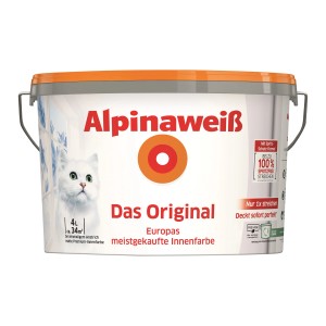 Eimer Alpinaweiß Das Original, 4 Liter, matte weiße Wandfarbe für Innen, mit Katze auf dem Etikett.