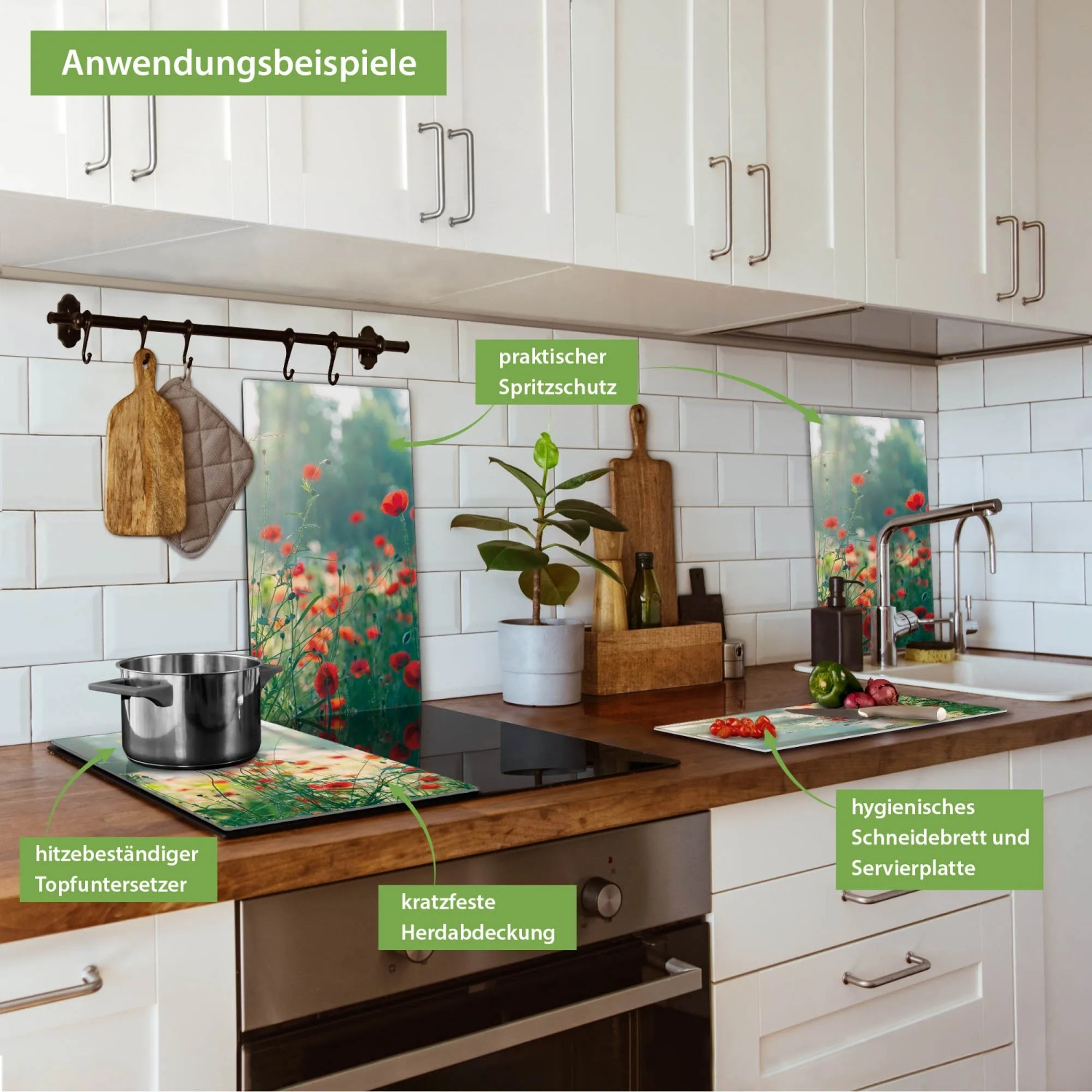 Banjado 2-teilige Herdabdeckplatte aus Glas mit Waldmohn-Motiv als Schneidebrett und Spritzschutz.