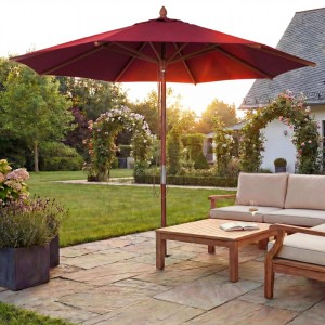 MCW Gastronomie Holz-Sonnenschirm C57b Rund Seilzug Stoßsicher Bordeaux