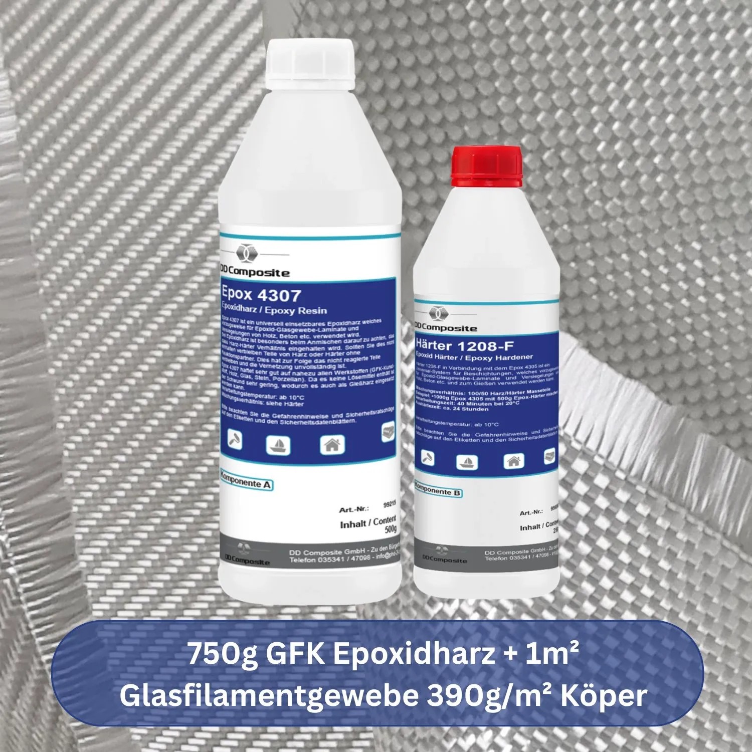 GFK Epoxidharz Set: 750g Harz, Härter und 1m² Glasfilamentgewebe (390g/m²) für Reparaturen.