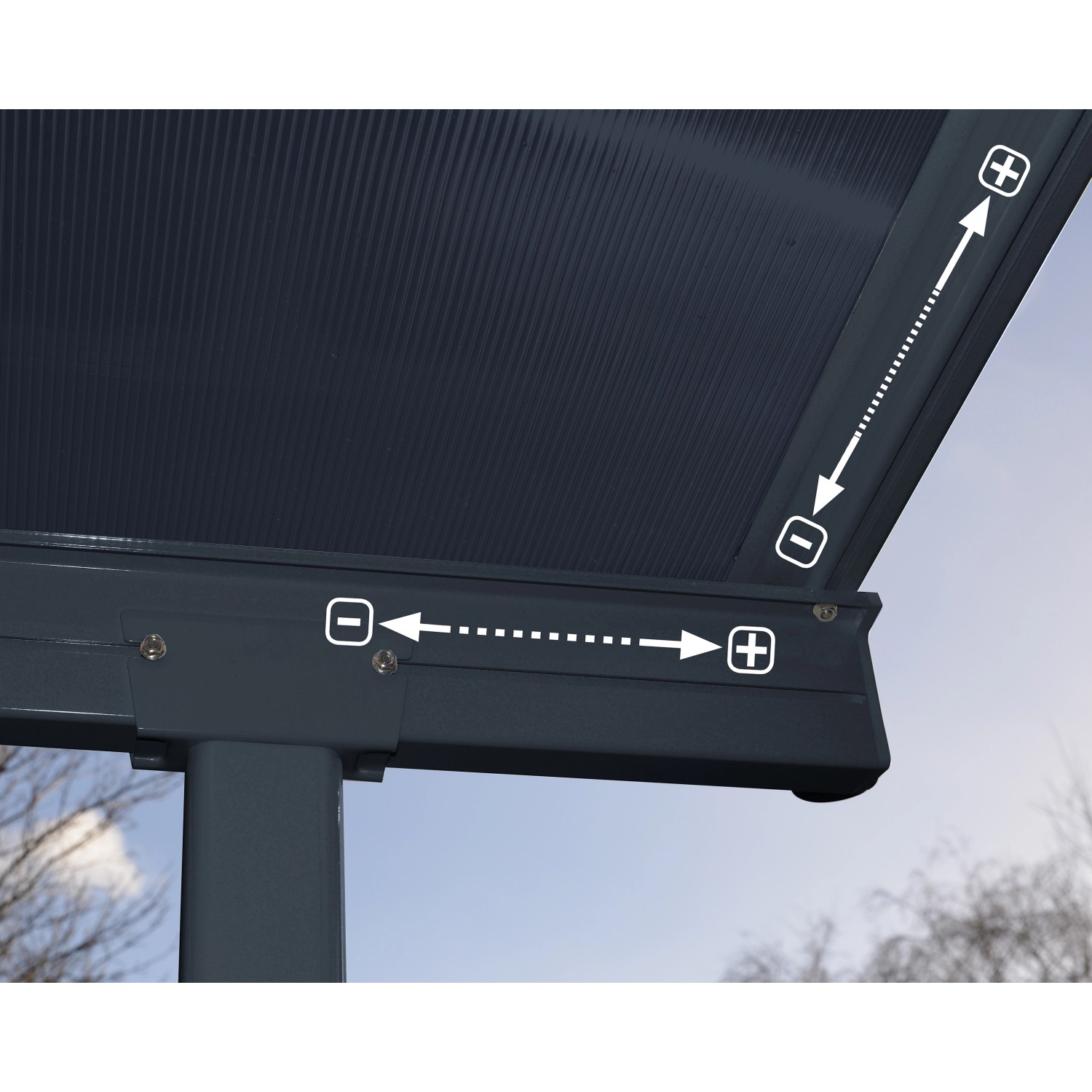 Detailansicht der Canopia Terrassenüberdachung Capri in Anthrazit Grau mit Maßangaben.