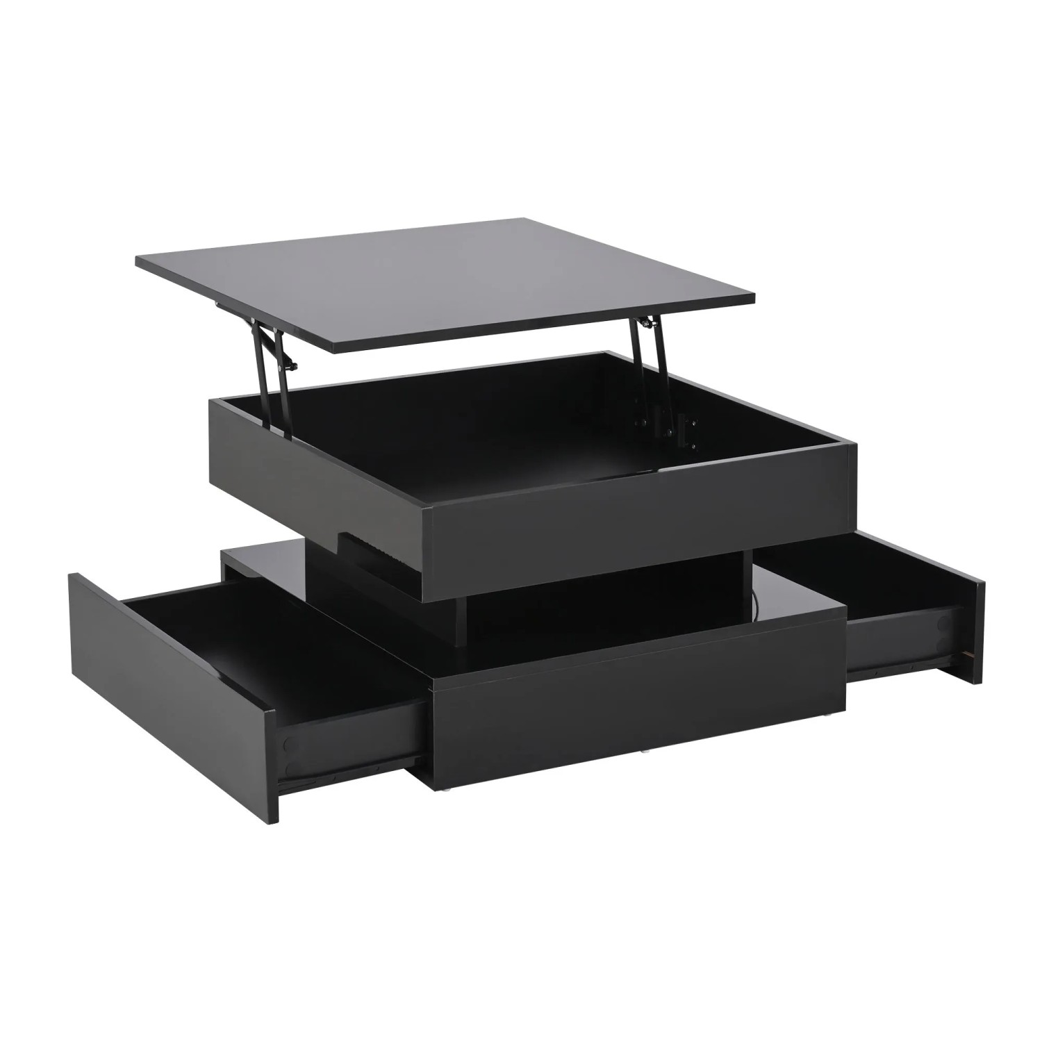 ModernLuxe Couchtisch Hochglanz Höhenverstellbar mit LED 2 Schubladen Spanplatte Schwarz