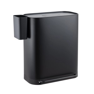 Schwarzer Svita Treteimer mit 2 Fächern (60l) und Seitenfach für Müllbeutel.