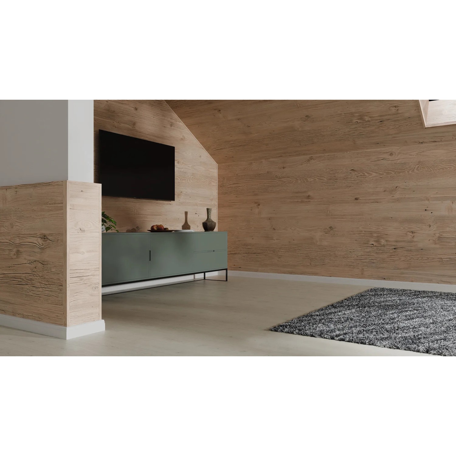 Wohnraum mit Egger Decowall Wandpaneelen in Holzoptik und passender Winkelleiste WL006 Namur Fichte.