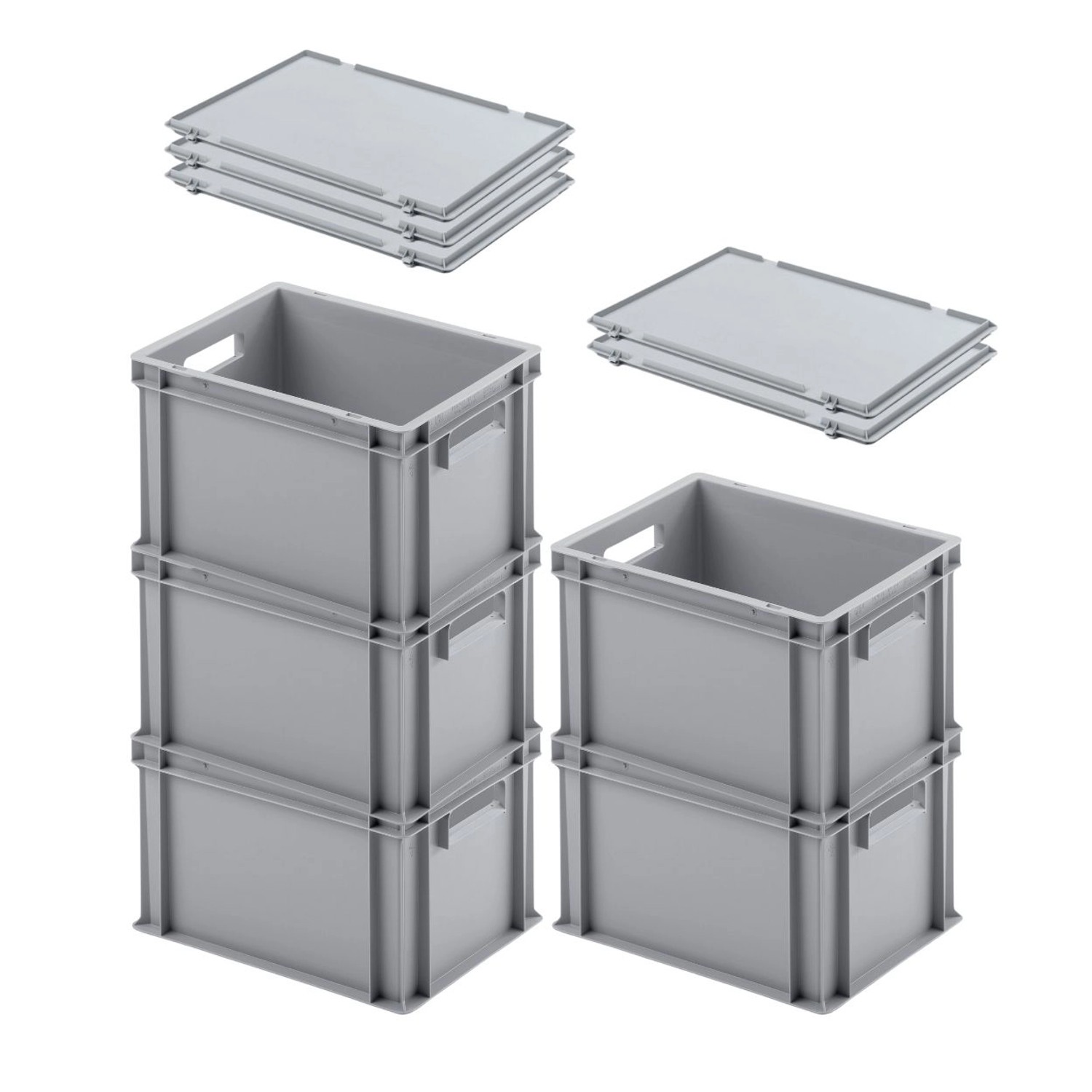 SuperSparSet 5 x Eurobehälter Mit Offenem Griff und Scharnierdeckel HxBxT 23,5 x 30 x 40 cm 22 Liter Grau Eurobox Transp...
