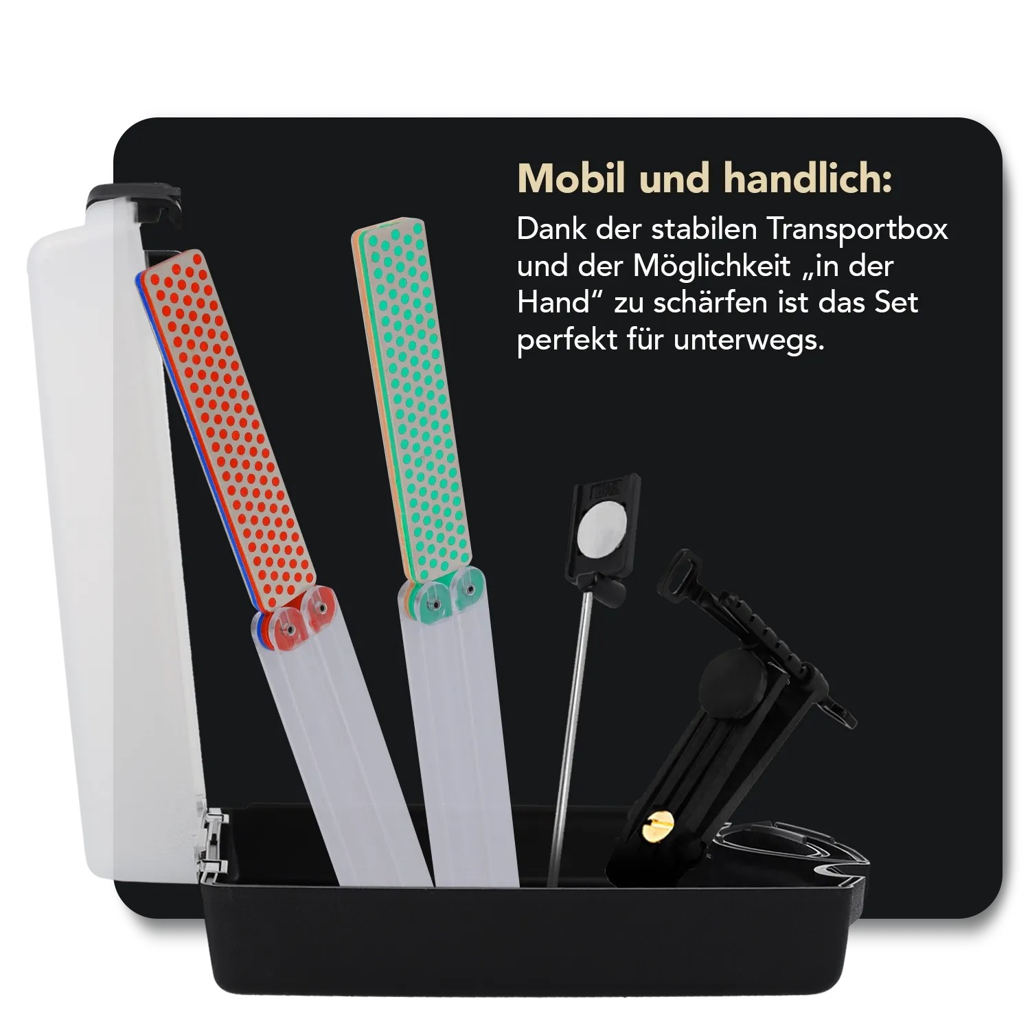 DMT Diafold Magna-Guide Kit im Koffer: Diamant-Schleifsteine mit Zubehör für präzises Schärfen.