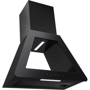 Schwarze PKM Wandhaube P1-60BBTX mit Glasfront und LED-Beleuchtung.