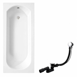 Weiße rechteckige Acryl-Badewanne 160x75 cm mit Ablauf und Füßen. Modernes Design für Ihr Bad.
