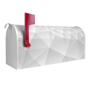 Weißer Banjado US Briefkasten mit Nautilus Motiv und roter Fahne, ideal als Wand- oder Standbriefkasten.