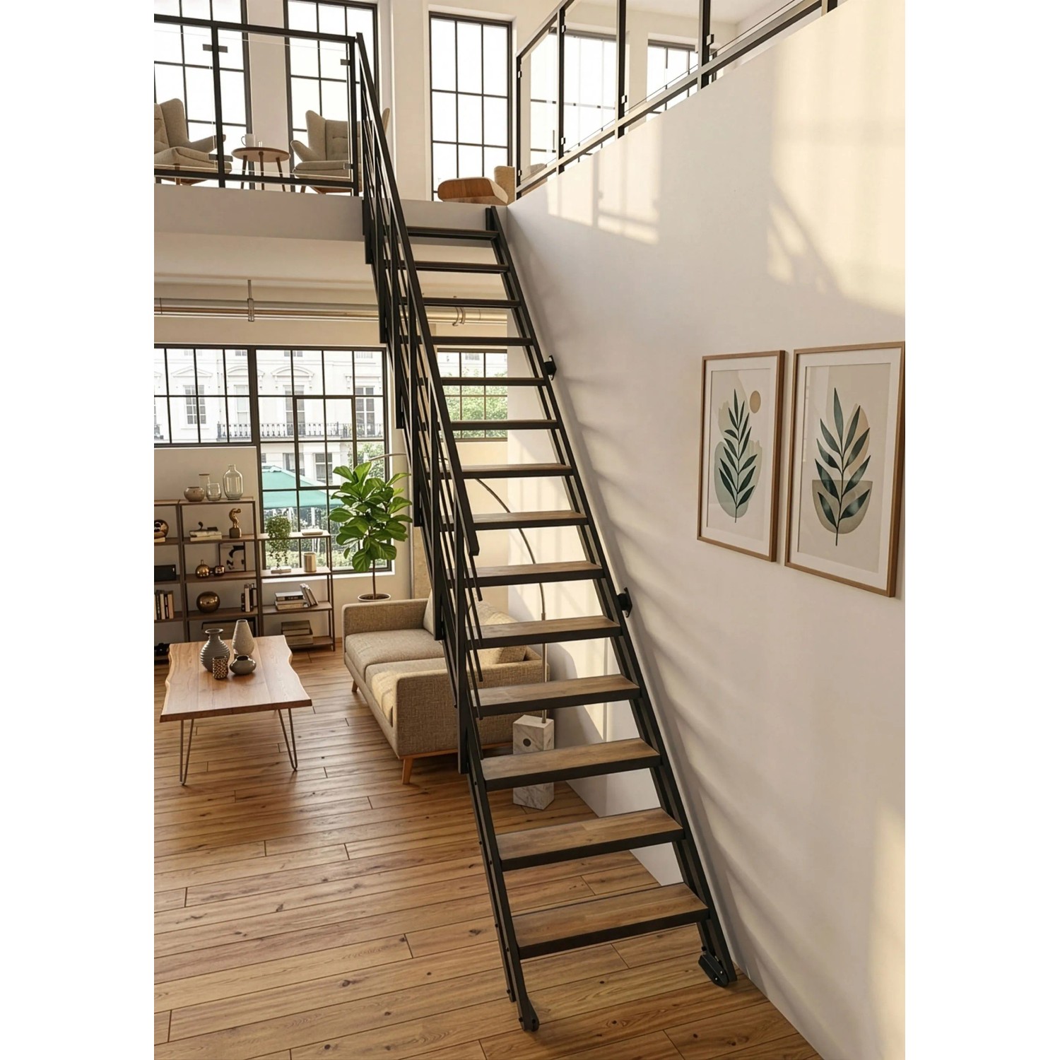 Minka Raumspartreppe Flex Hybrid: schwarze Metalltreppe mit Eichen-Design-Stufen in modernem Wohnraum zur Galerie.