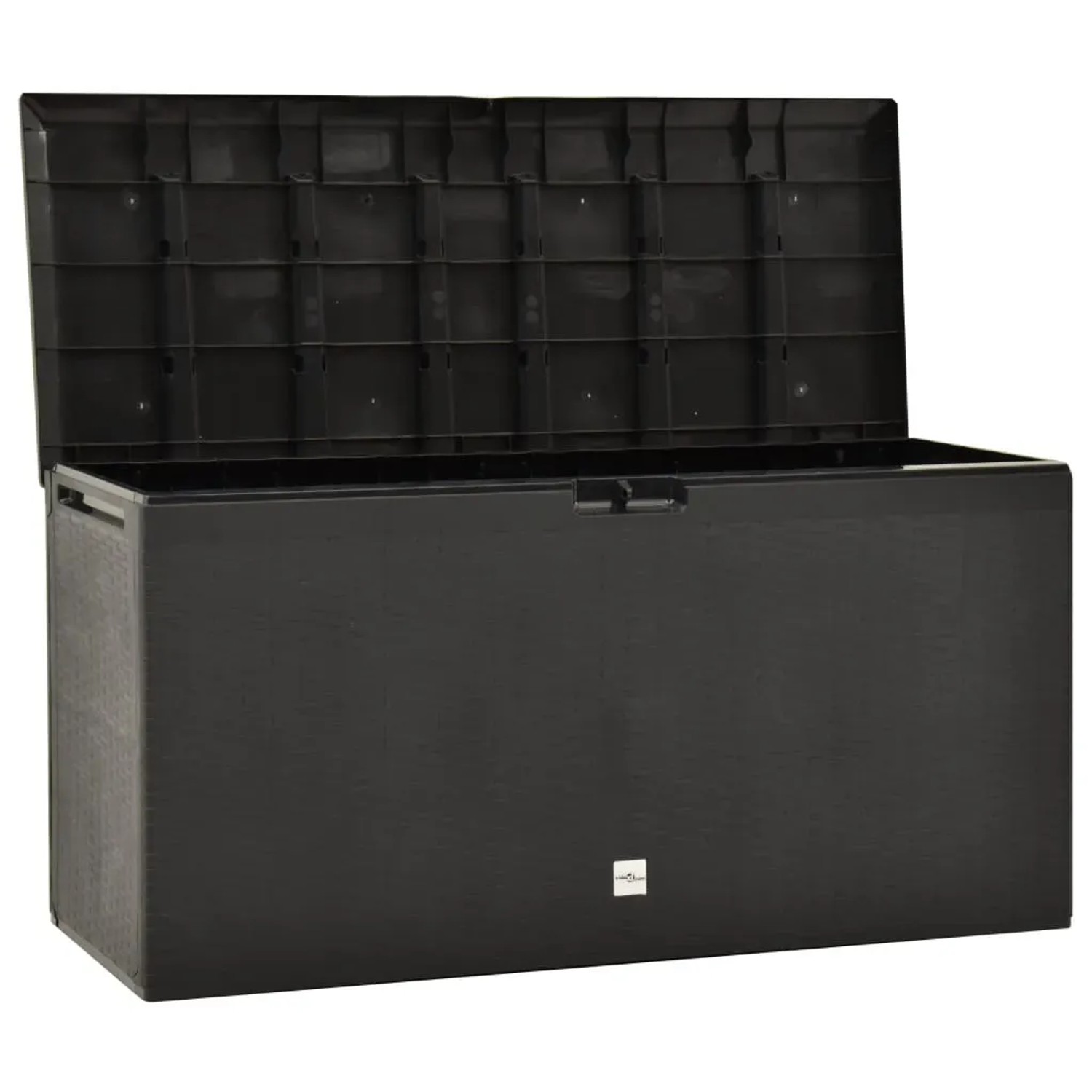 Offene, anthrazitfarbene VidaXL Gartenbox (114x47x60 cm) aus Polypropylen.