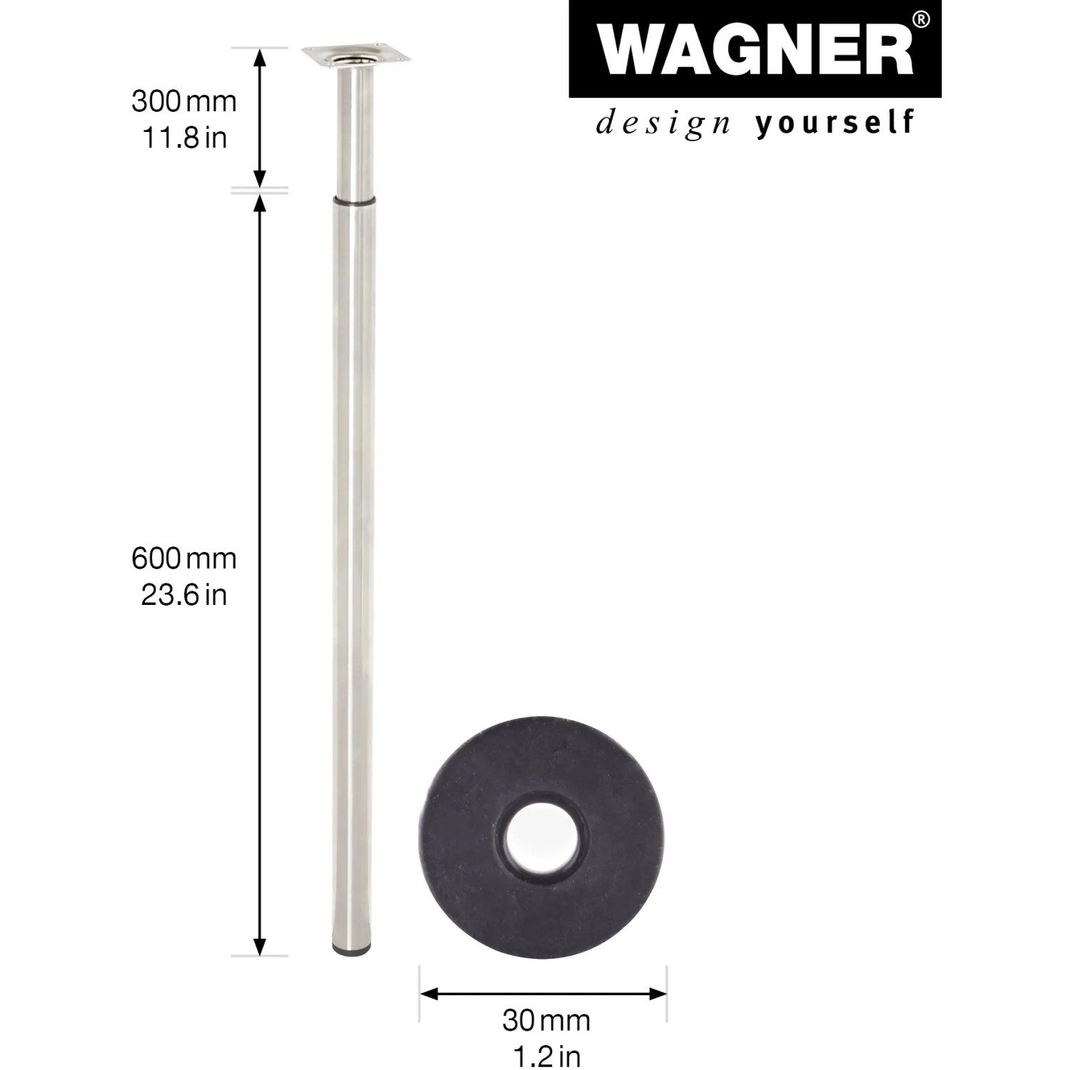 Wagner Möbelbein Telescope, Edelstahl-Optik, höhenverstellbar (60-90cm), Ø 3cm.